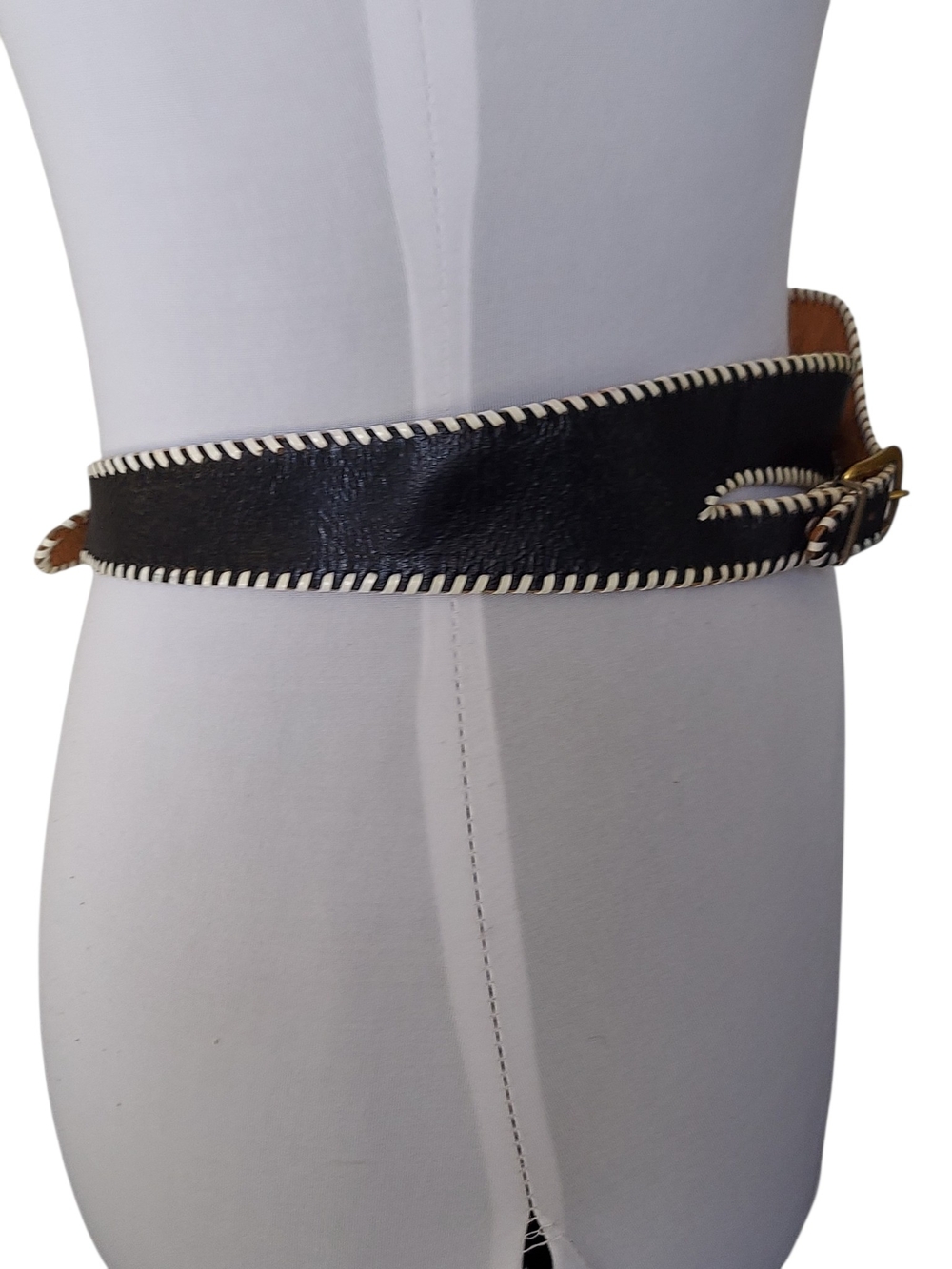 Vintage Navy Blue Leather White Whipstitch Double Buckle Belt Coastal S/M - Picture 3 of 13